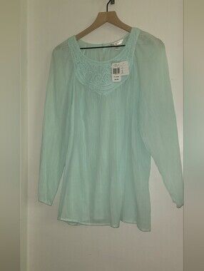 Krazy Kat Light Mint Crochet Yoke Long-Sleeve Women’s Blouse